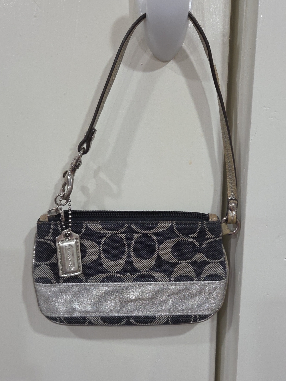 Coach Black Signature Denim Wristlet with Silver Accent